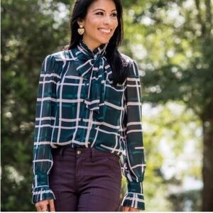 CAbi Green Plaid Blouse